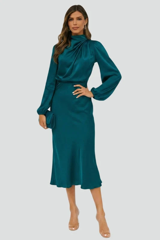 Damen Elegantes Langarm Hochzeitsgast Midi Kleid
