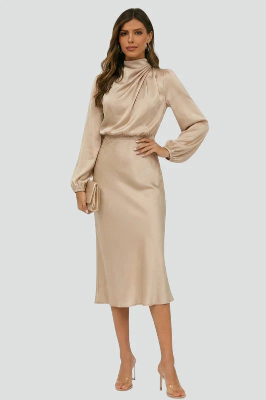 Damen Elegantes Langarm Hochzeitsgast Midi Kleid