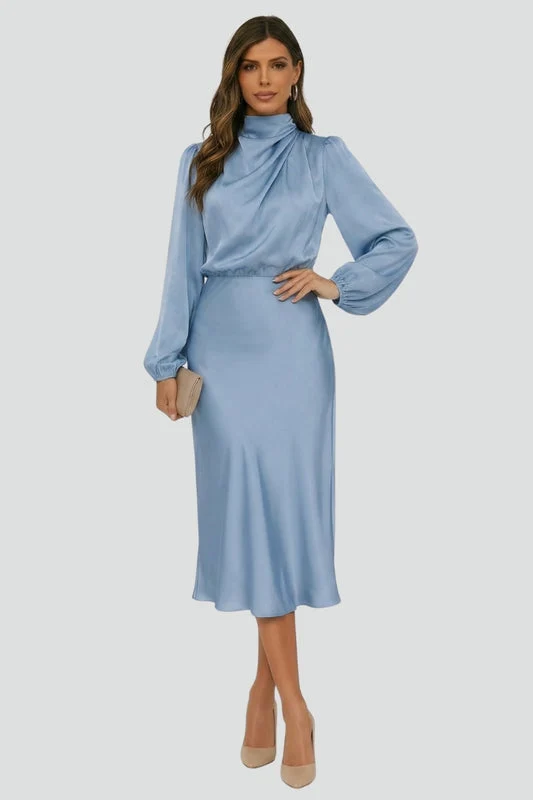 Damen Elegantes Langarm Hochzeitsgast Midi Kleid