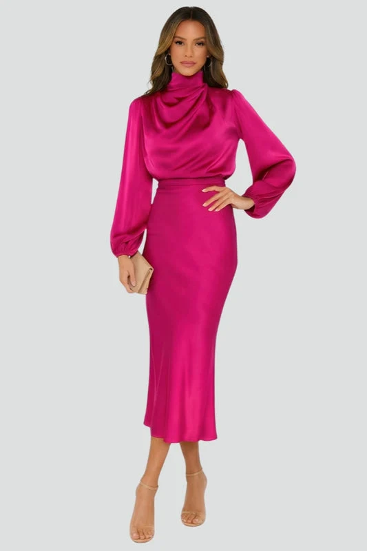 Damen Elegantes Langarm Hochzeitsgast Midi Kleid