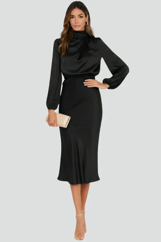 Damen Elegantes Langarm Hochzeitsgast Midi Kleid