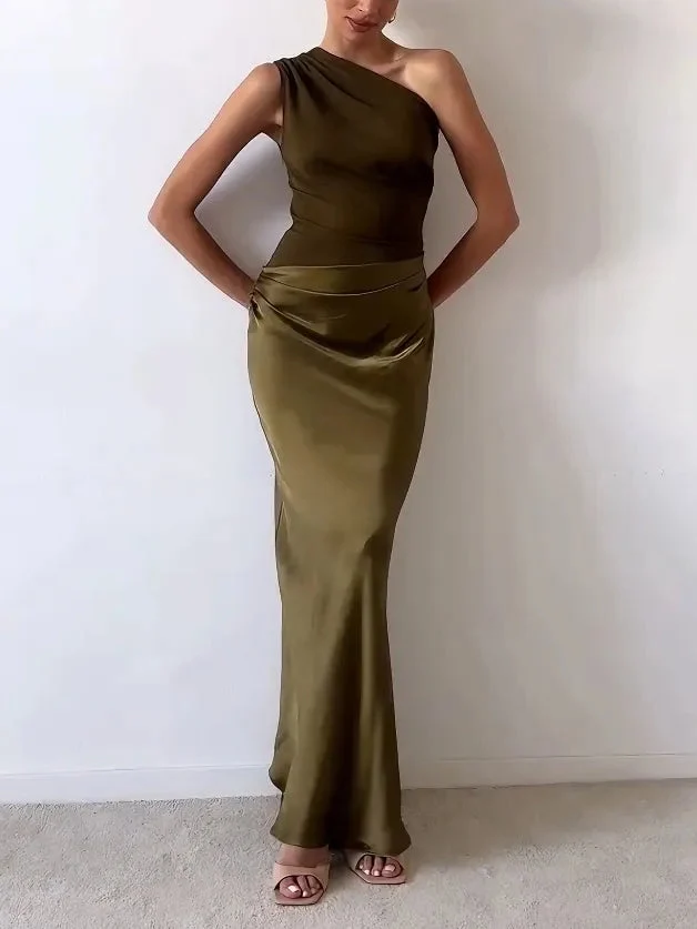 Damen Elegantes One-Shoulder Hochzeitsgast Maxikleid