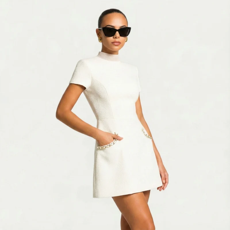Damen Mini Kleid mit Perlenbesatz und Taschendetails