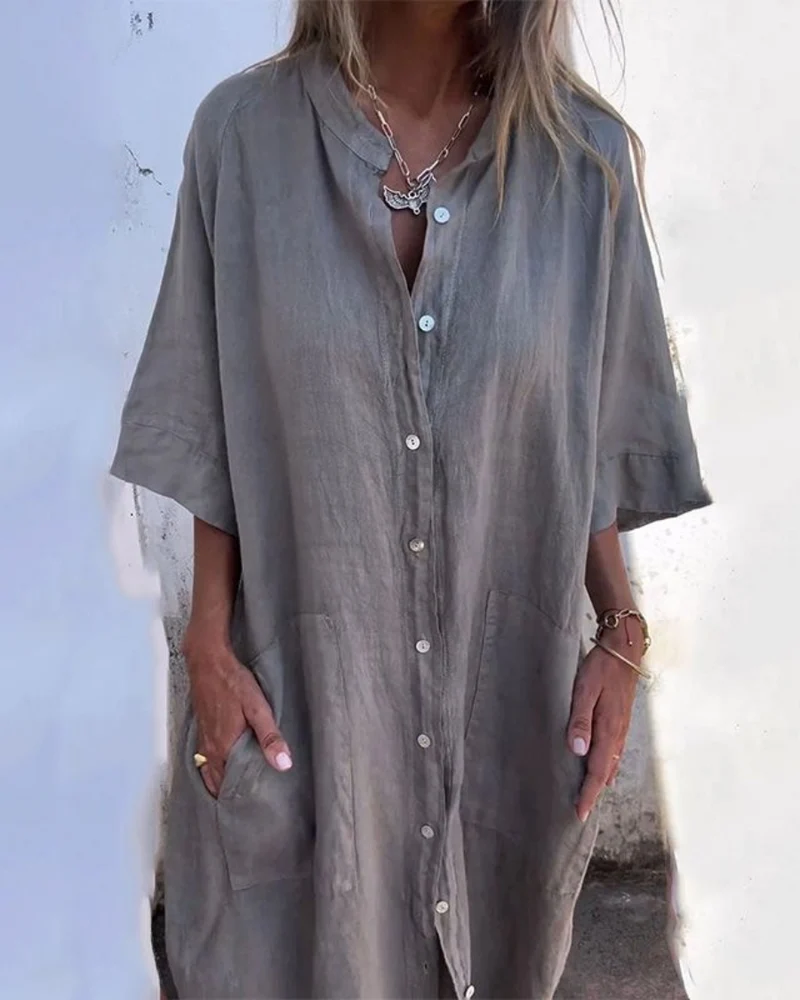 Damen Boho Hemdblusen midikleid mit Knopfleiste und lockerem Schnitt