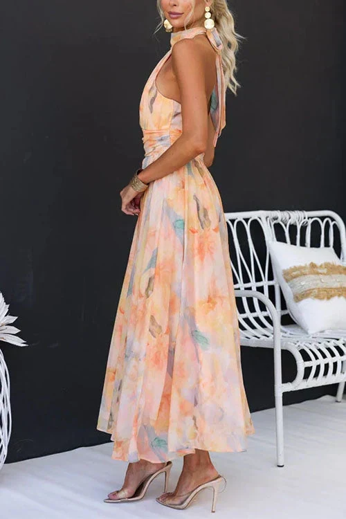 Damen Aquarellmuster Sommer Maxikleid
