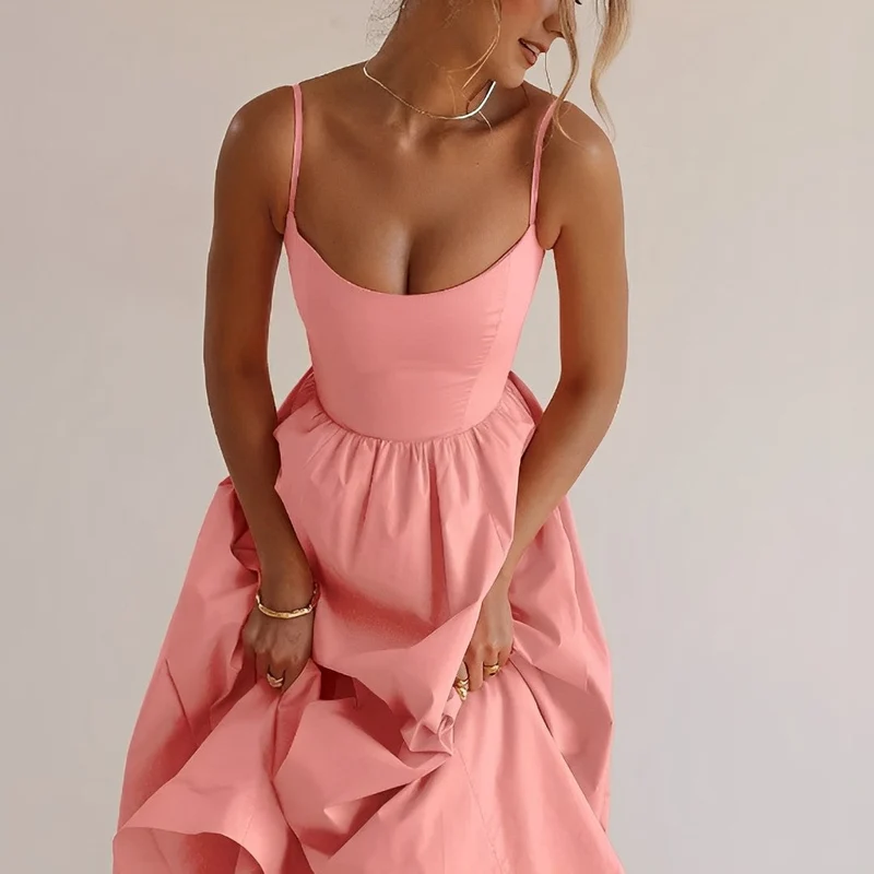 Damen Elegante Sommer Midikleid mit Spaghettiträger