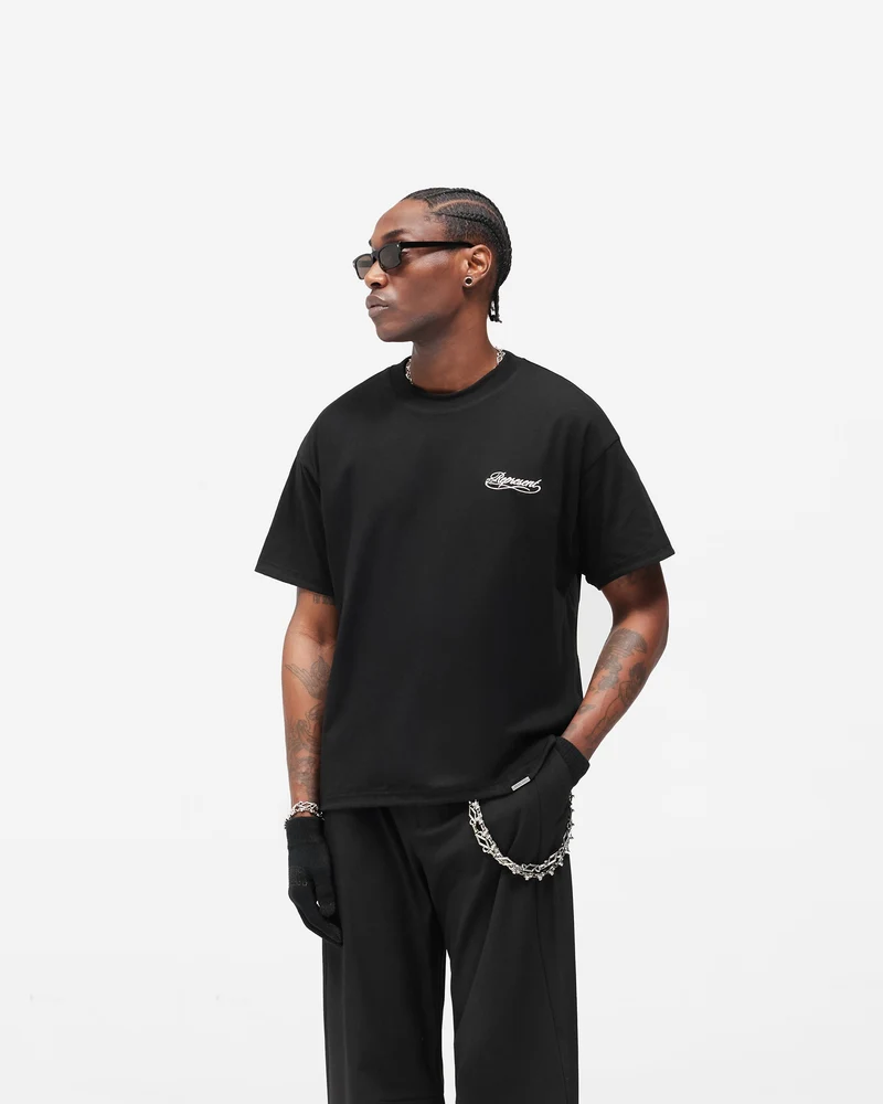 Dual Layer Script T-Shirt - Jet Black