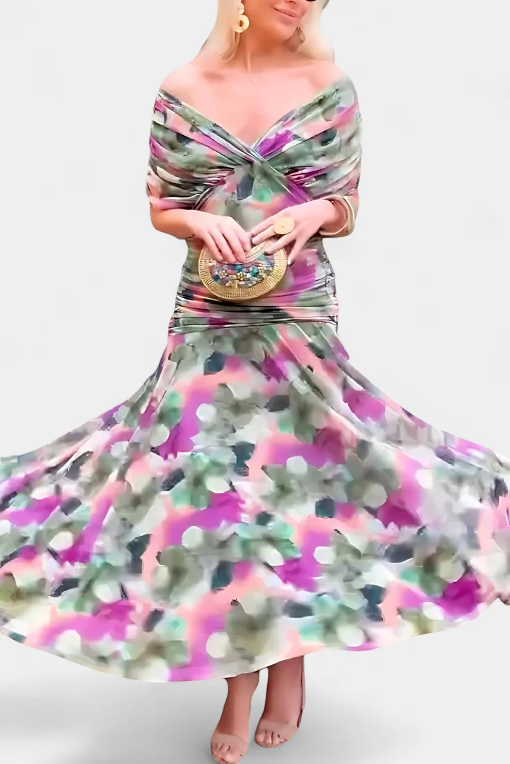 Florendra™ - Langes Blumenkleid mit V-Ausschnitt