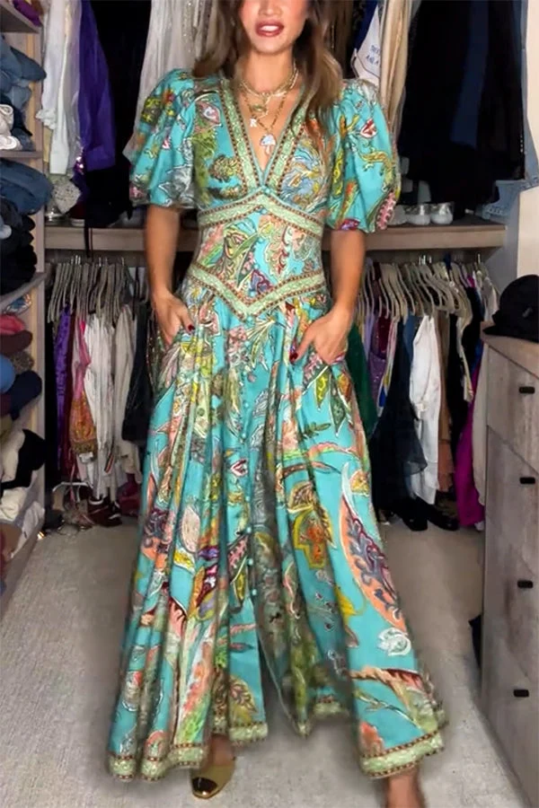 Elizabeth™ - Leichtes Maxikleid mit Puffärmeln und V-Ausschnitt