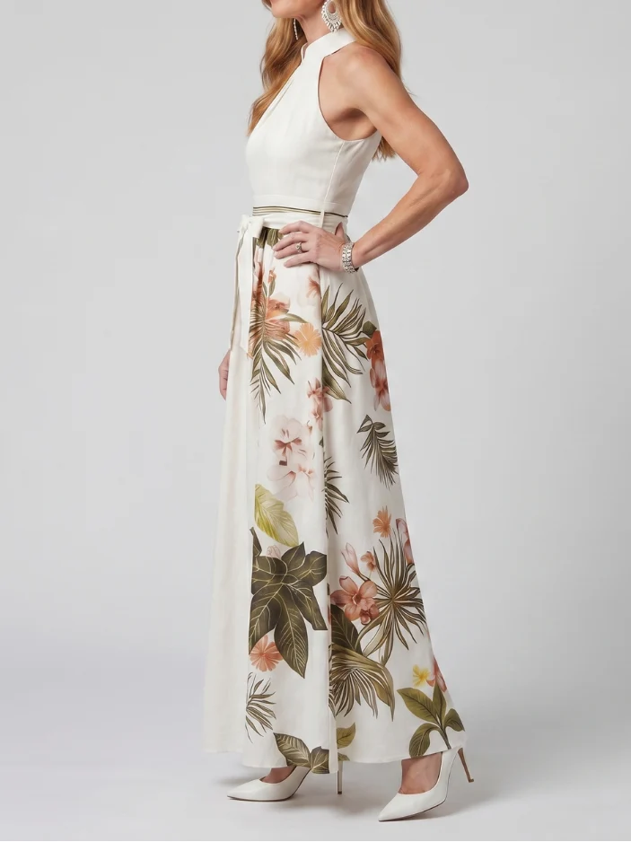 Prairie - Maxikleid mit botanischen Paneelen und drapiertem Halterneck