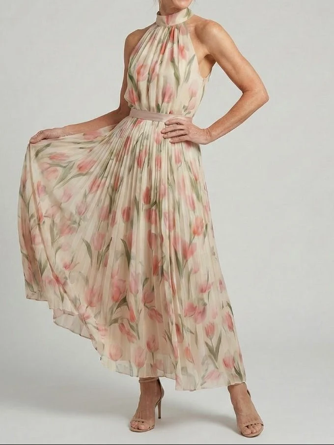 Aurelle - Midikleid mit Blumendruck und Halterneck