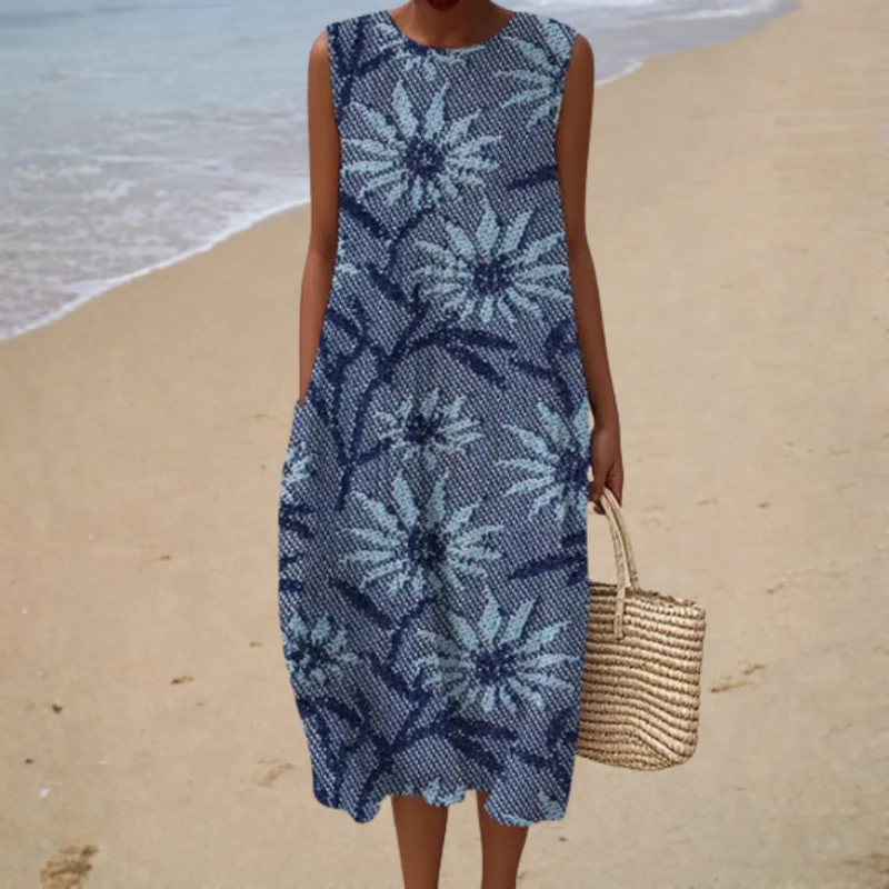 Blau Bequeme Ärmellose Sommerkleid