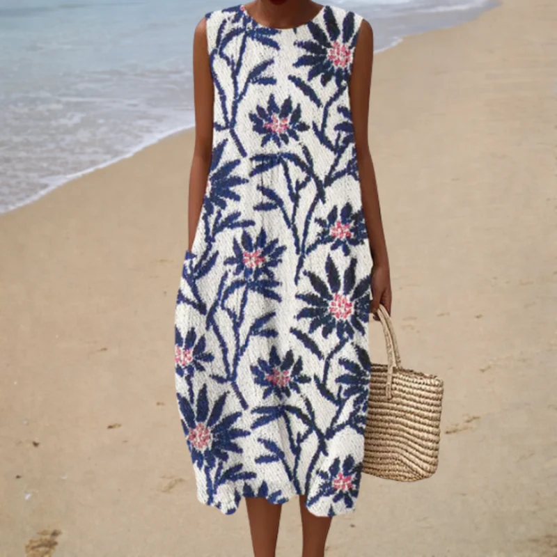 Weißes Sommerliches Ärmelloses Blumenkleid