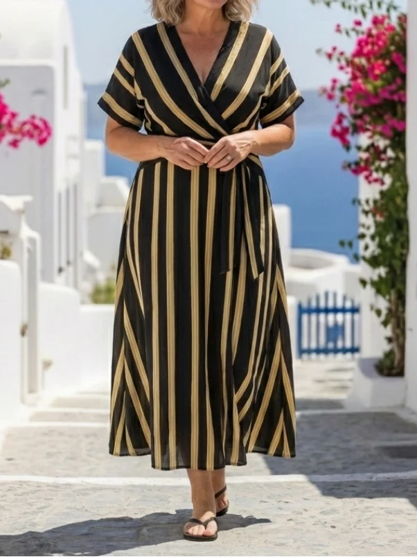 Lina - Kurzärmliges Maxikleid mit V-Ausschnitt