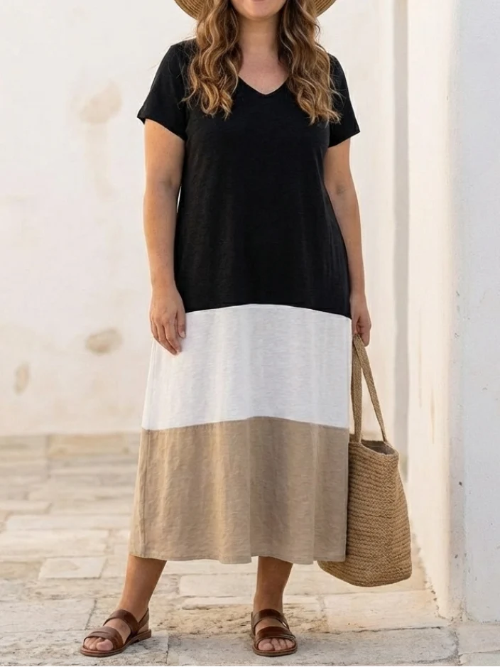 Thalia - Kurzärmliges Farbblock Maxikleid