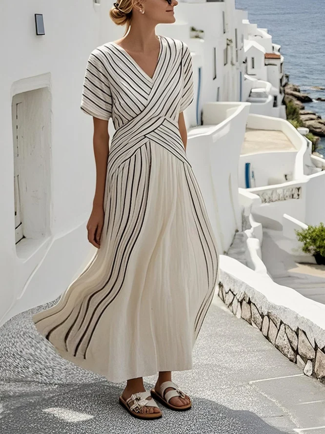 Cressida - V-Ausschnitt Kurzarm Maxikleid Mit Geflochtener Taille
