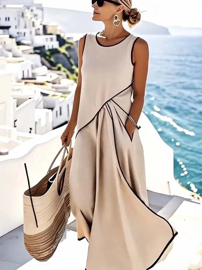 Soleia - Ärmelloses Rundhals Drapiertes Maxikleid