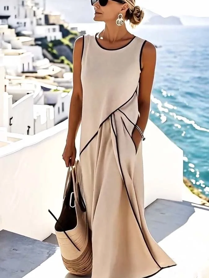 Soleia - Ärmelloses Rundhals Drapiertes Maxikleid
