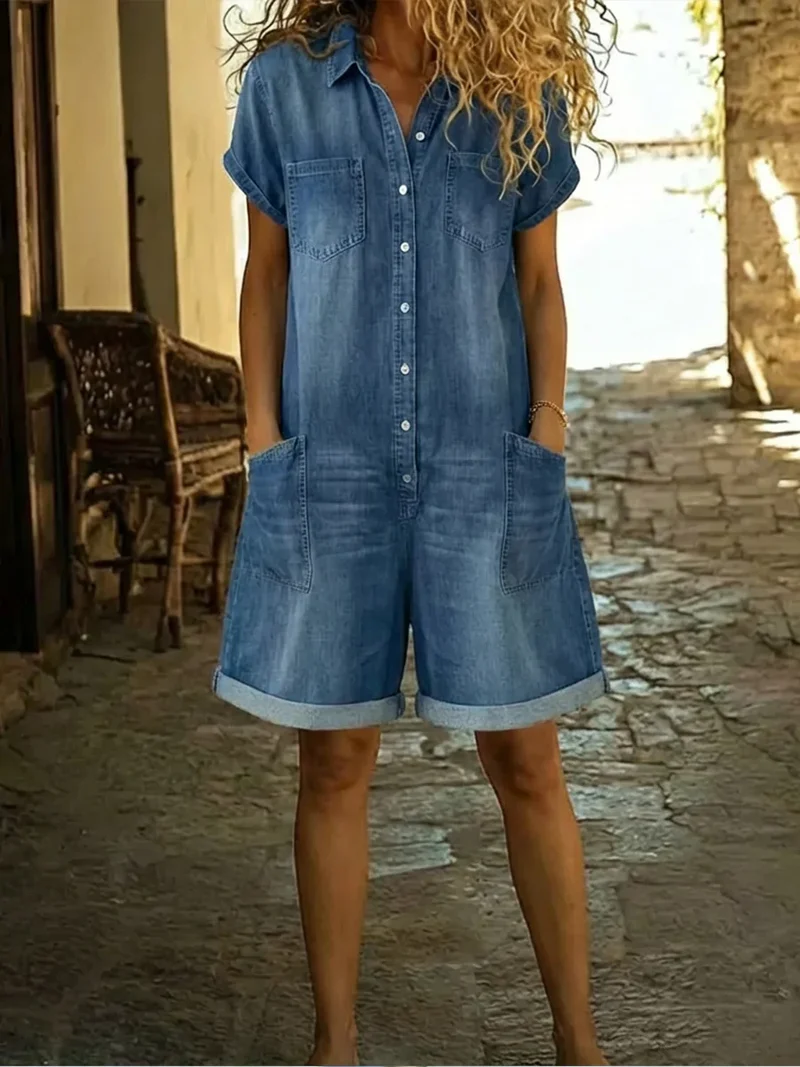 Enora™ - Denim-Playsuit mit Kragen und Kurzen Ärmeln