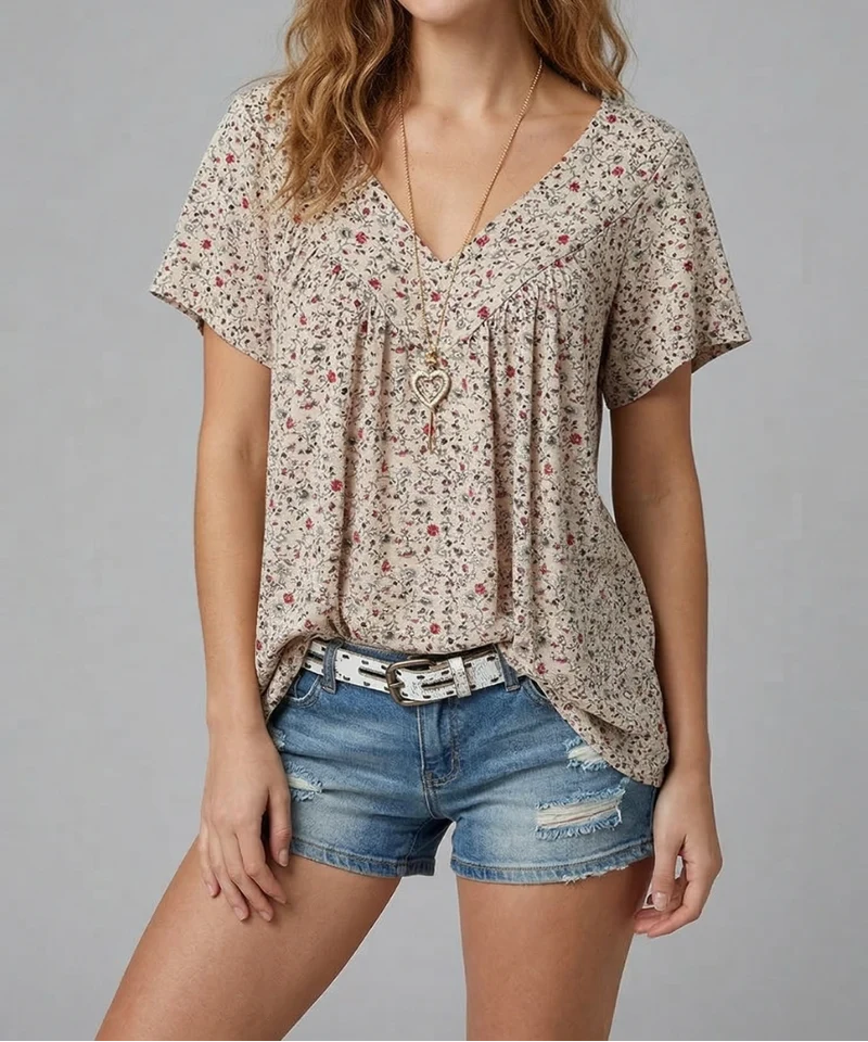 Yena™ - Flora-T-Shirt mit V-Ausschnitt