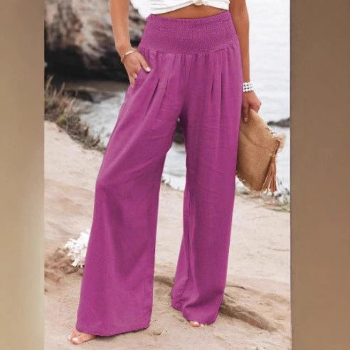 Damen lässige Palazzo-Hose mit elastischem Taillenbund und Seitentaschen Drune