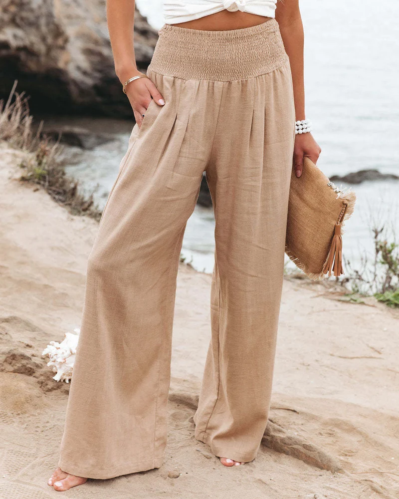 Damen lässige Palazzo-Hose mit elastischem Taillenbund und Seitentaschen Drune