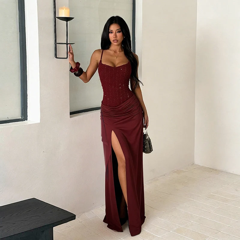 Damen Abendkleid mit raffinierten Rüschendetails und hohem Schlitz Drune