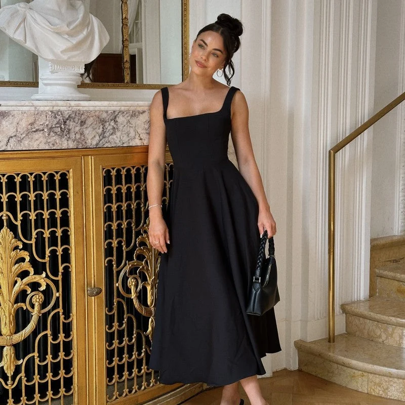 Damen Elegantes Maxikleid mit quadratischem Ausschnitt und fließendem Rock Drune