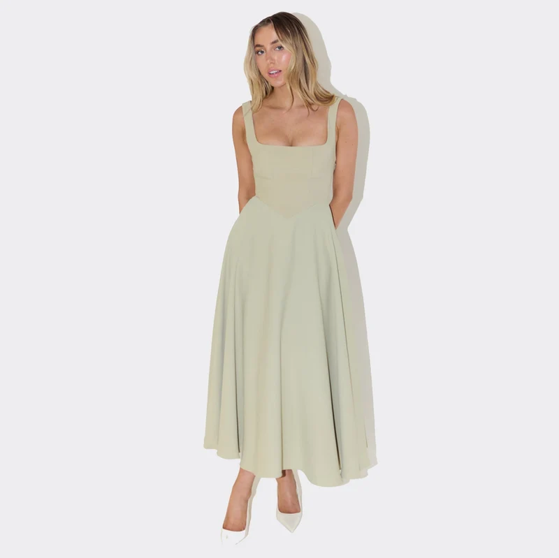 Damen Elegantes Maxikleid mit quadratischem Ausschnitt und fließendem Rock Drune