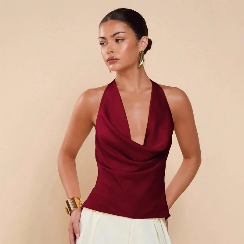 Damen Elegantes Wickeloberteil mit tiefem V-Ausschnitt und fließendem Stoff Drune