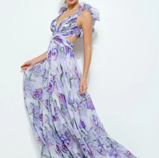 Damen Maxi-Kleid mit floralen Rüschen und schwingendem Design Drune