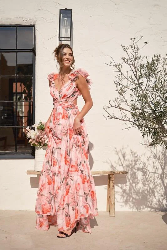 Damen Maxi-Kleid mit floralen Rüschen und schwingendem Design Drune