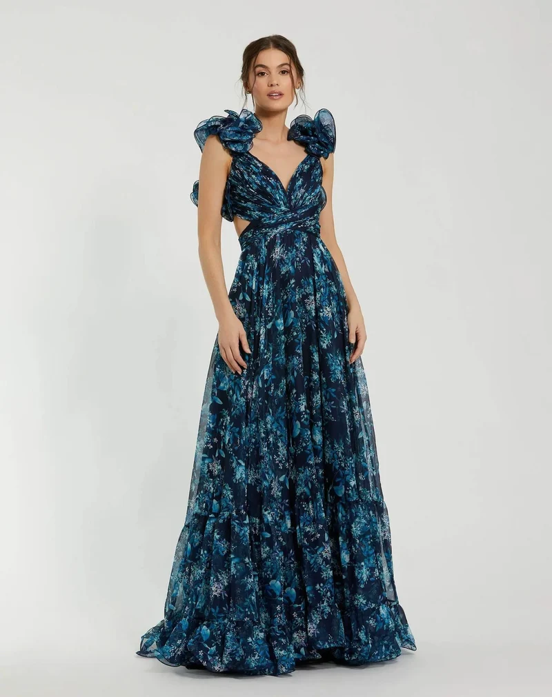 Damen Maxi-Kleid mit floralen Rüschen und schwingendem Design Drune