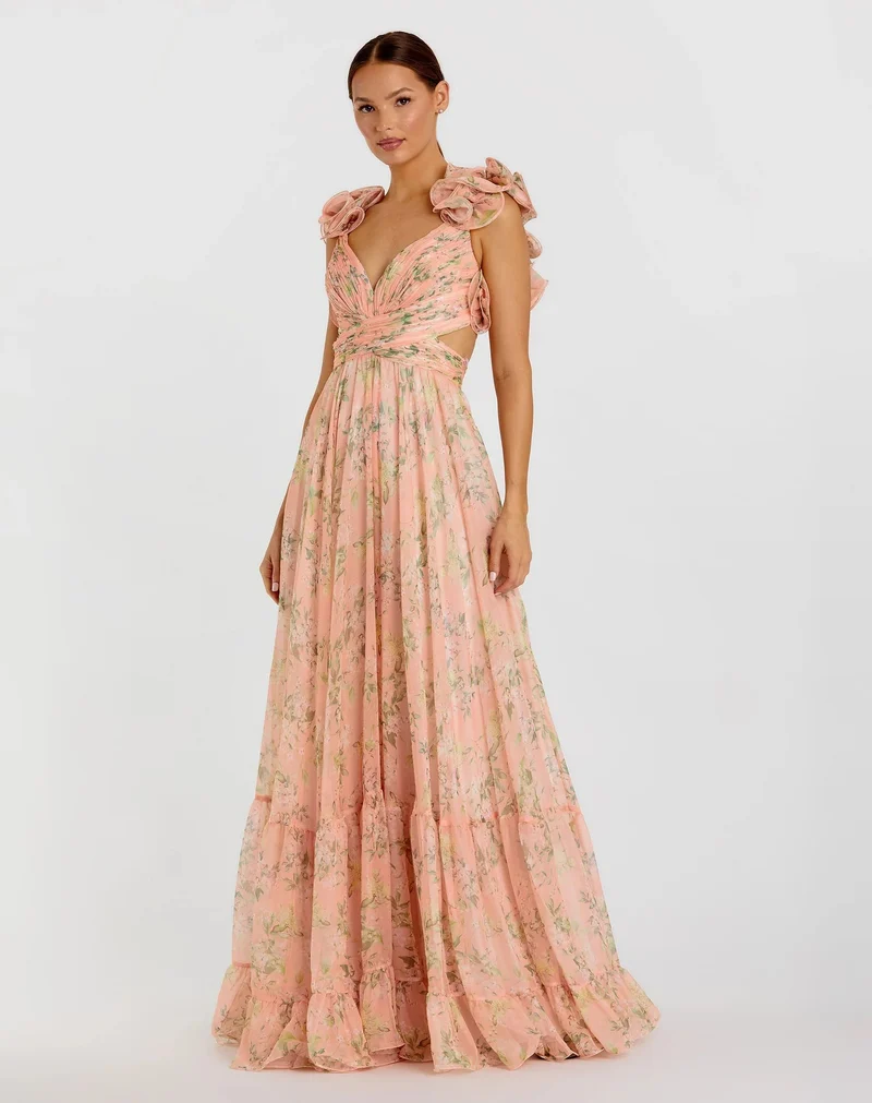 Damen Maxi-Kleid mit floralen Rüschen und schwingendem Design Drune