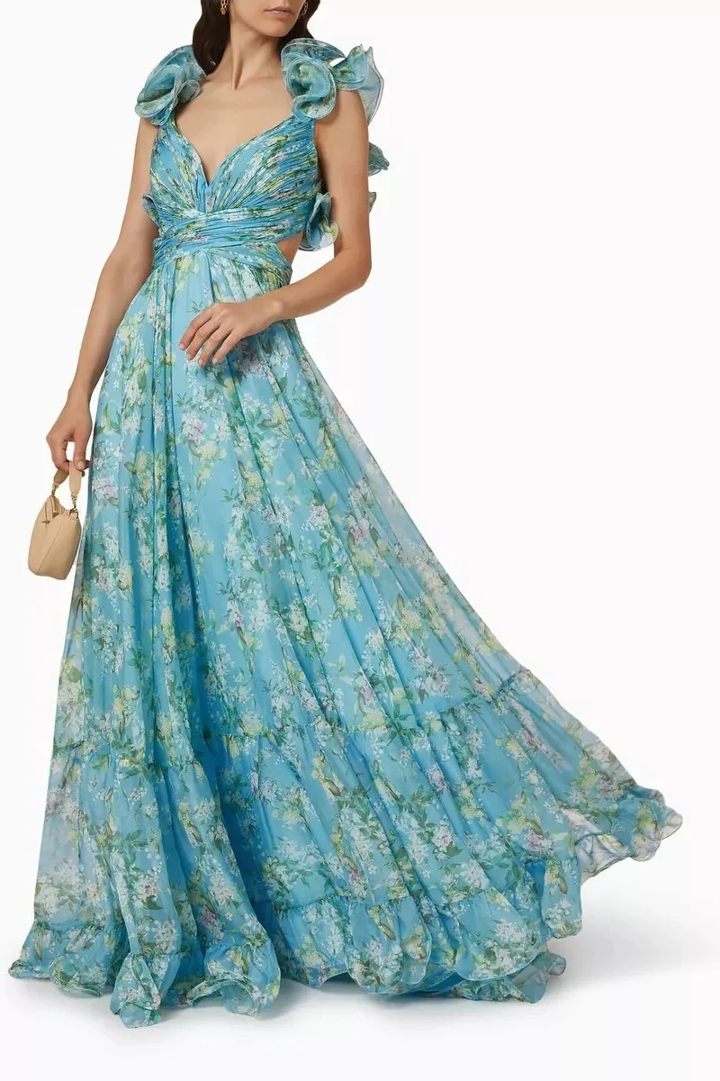 Damen Maxi-Kleid mit floralen Rüschen und schwingendem Design Drune