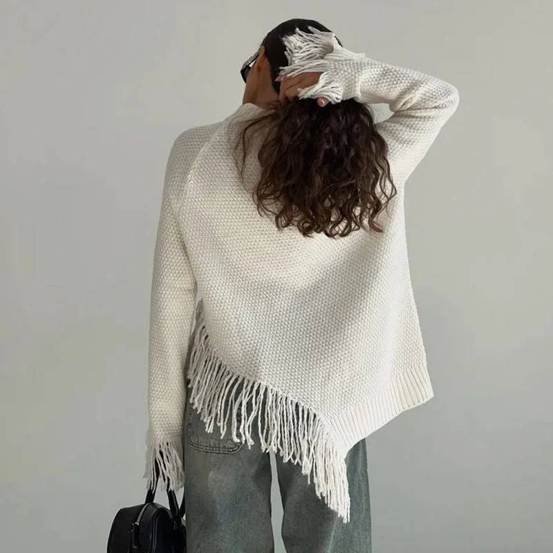 Damen Grob gestrickter Pullover mit Fransen Drune