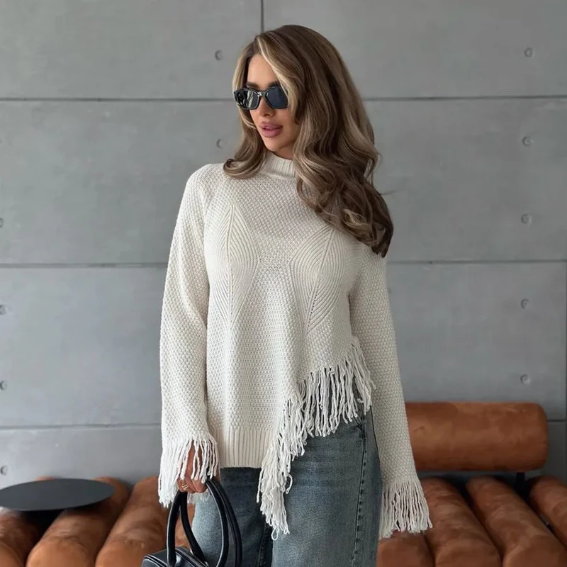 Damen Grob gestrickter Pullover mit Fransen Drune