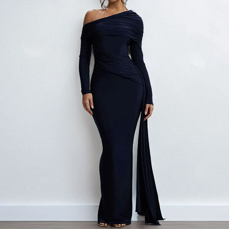 Damen Elegantes One-Shoulder Abendkleid mit figurformendem Schnitt und langen Ärmeln Drune