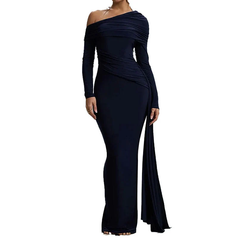 Damen Elegantes One-Shoulder Abendkleid mit figurformendem Schnitt und langen Ärmeln Drune