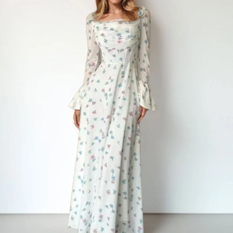 Damen Langärmliges Blumenmaxikleid Drune