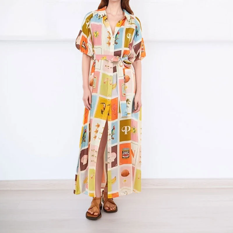 Damen Hemdblusenkleid mit farbenfrohem Print und taillierbarem Gürtel Drune