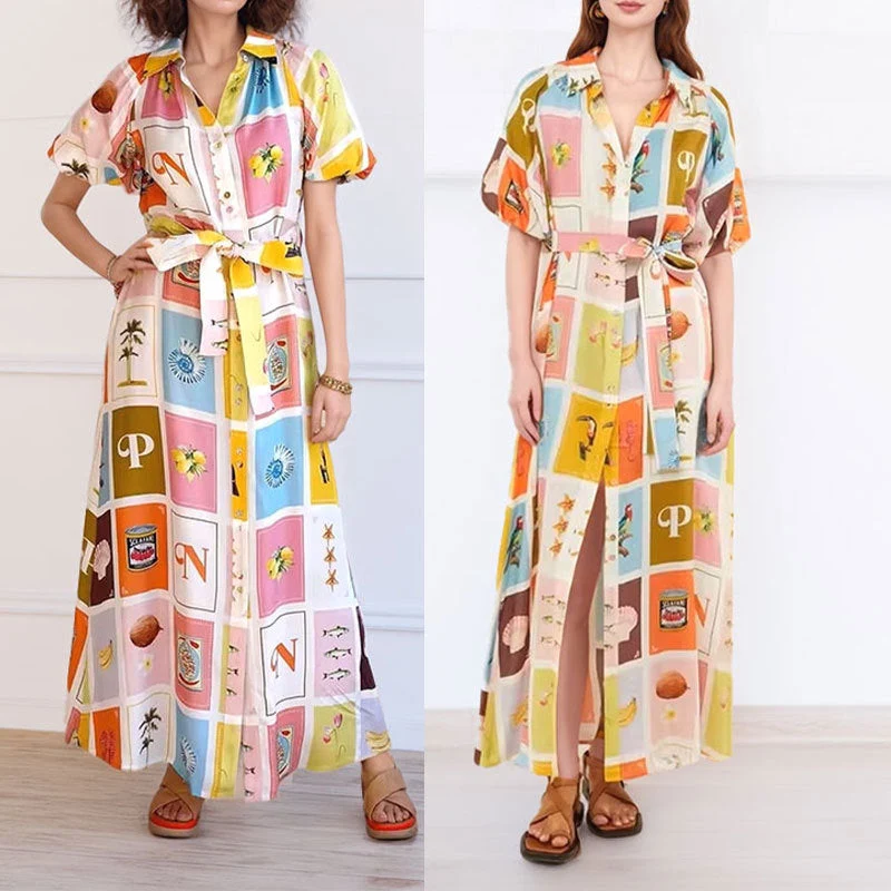 Damen Hemdblusenkleid mit farbenfrohem Print und taillierbarem Gürtel Drune