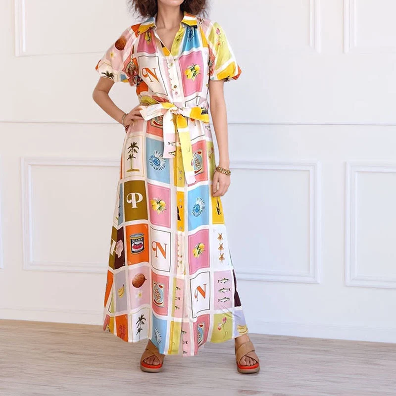 Damen Hemdblusenkleid mit farbenfrohem Print und taillierbarem Gürtel Drune