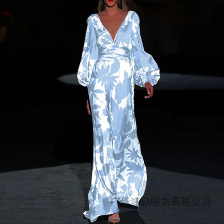 Damen Maxikleid mit schimmerndem floralem Design und elegantem V-Ausschnitt Drune