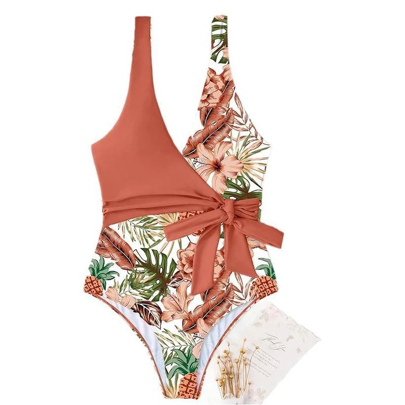 Damen Einteiliger Badeanzug mit lässigem Wickeldesign und floralem Muster Drune