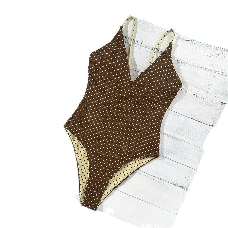 Damen Einteiler Badeanzug mit tiefem V-Ausschnitt und gepunktetem Design Drune