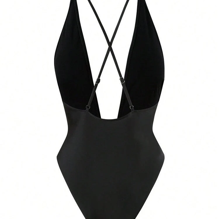 Damen Einteiler Badeanzug mit tiefem V-Ausschnitt und elegantem Gürtel Drune