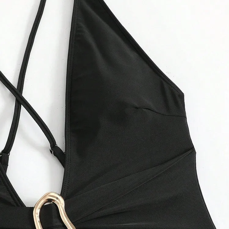 Damen Einteiler Badeanzug mit tiefem V-Ausschnitt und elegantem Gürtel Drune