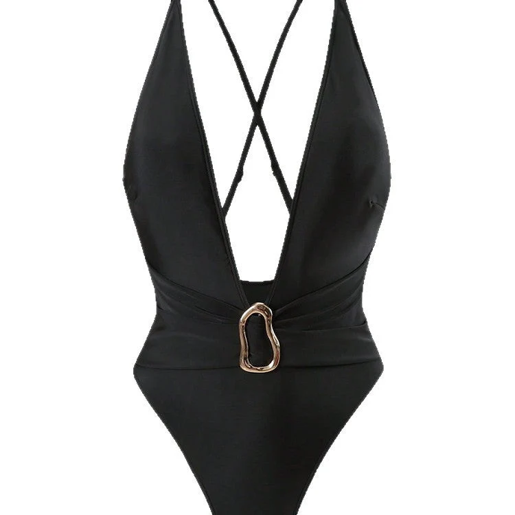 Damen Einteiler Badeanzug mit tiefem V-Ausschnitt und elegantem Gürtel Drune