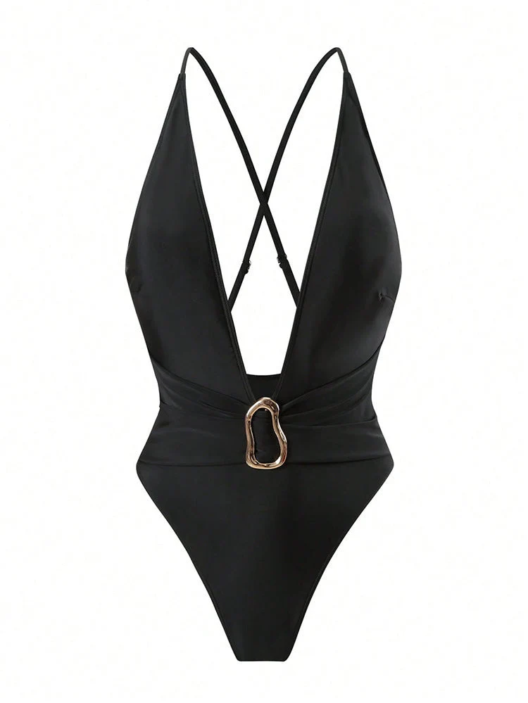 Damen Einteiler Badeanzug mit tiefem V-Ausschnitt und elegantem Gürtel Drune